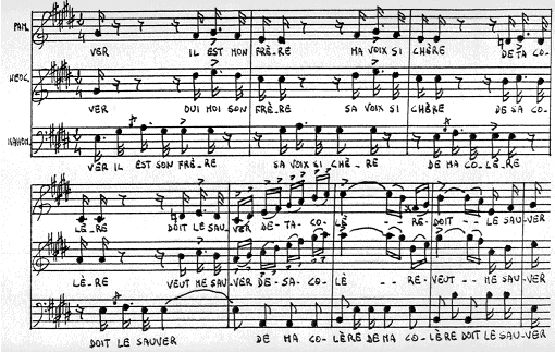 Es.56 - Pamira: ...ver il est mon frère ma voix si chère de ta colère doit le sauver de ta colère doit le sauver / Néoclès: ...ver oui moi son frère sa voix si chère de sa colère veut me sauver de sa colère veut me sauver / Mahomet: ...ver il est son frère sa voix si chère de ma colère doit le sauver de ma colère de ma colère doit le sauver